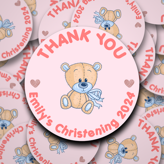 Pink teddybear personalised christening and baby shower stickers