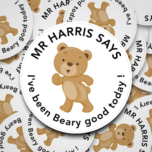 Beary good Personalised teacher stickers featuring a bear in the middle