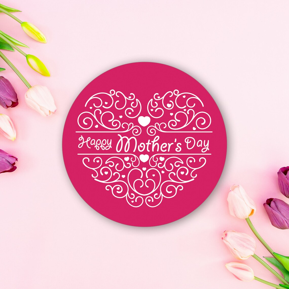 Pink Happy Mothers Day stickers with a heart in white made out of swirls | Mothers day stickers for gifts, cards, letters, products.