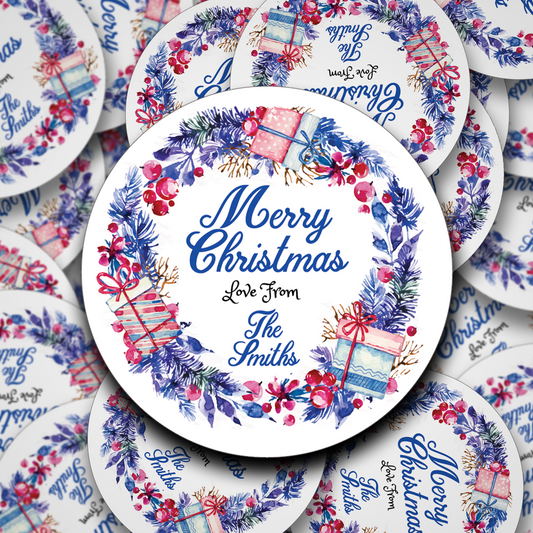 Blue and Red Christmas wreath personalised stickers