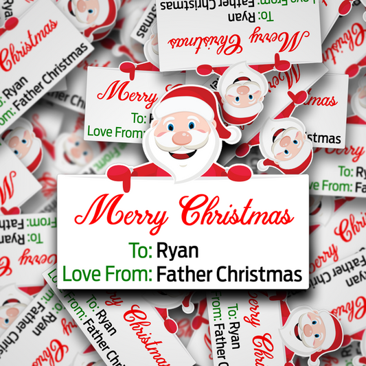 Santa holding a sign personalised christmas stickers