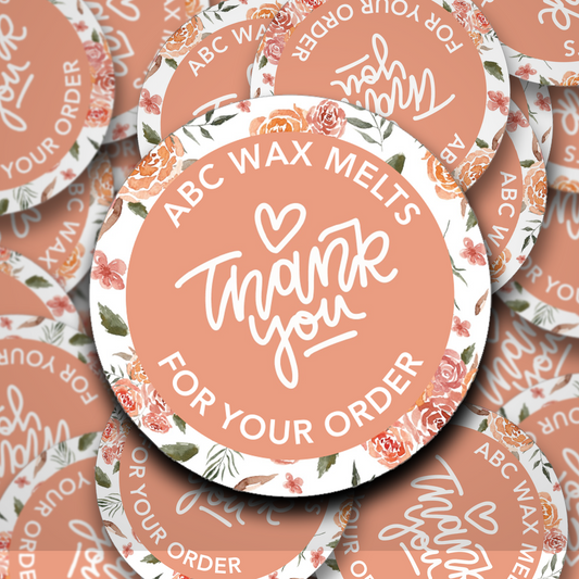 Personalised Thank You stickers with a peach background and flower border