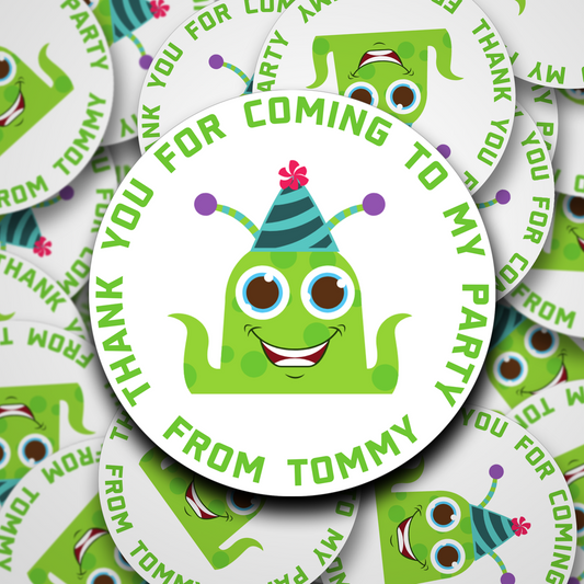 Green monster personalised birthday stickers