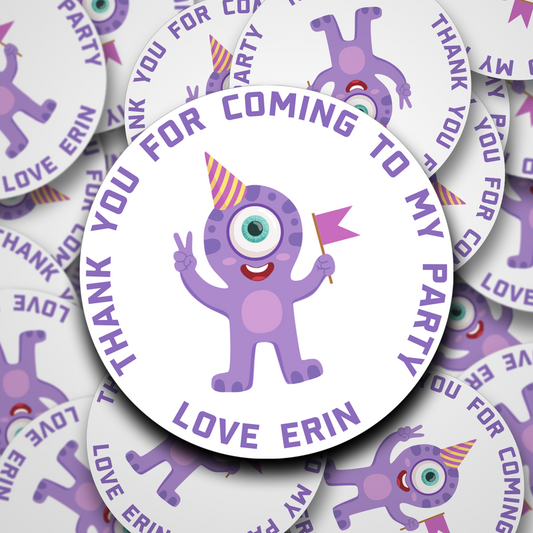 Personalised purple monster birthday stickers