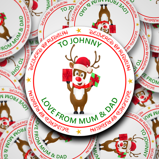 Rudolph holding presents personalised christmas stickers