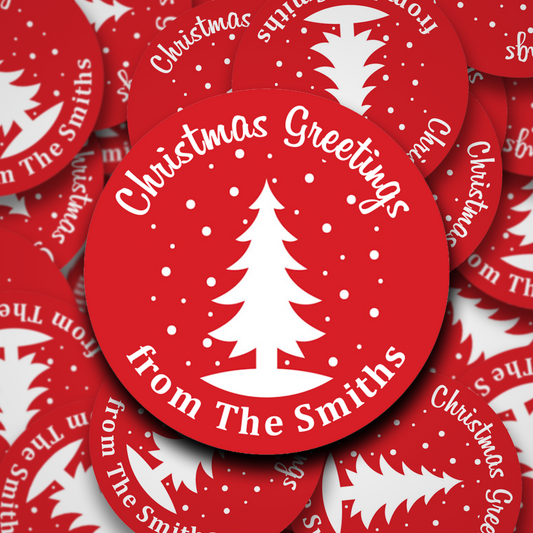 Personalised Christmas red sticker with white Christmas tree and snow.