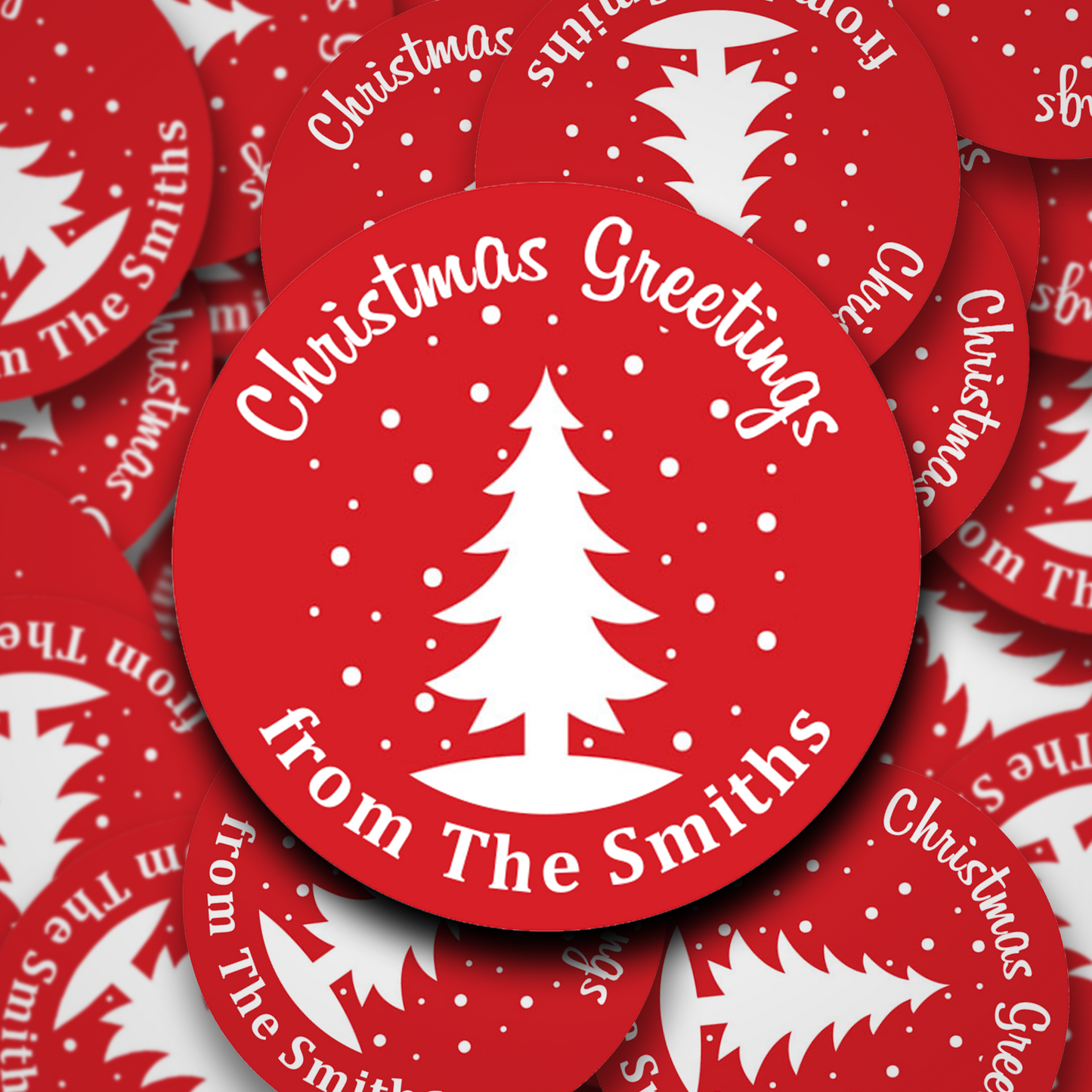 Personalised Christmas red sticker with white Christmas tree and snow.