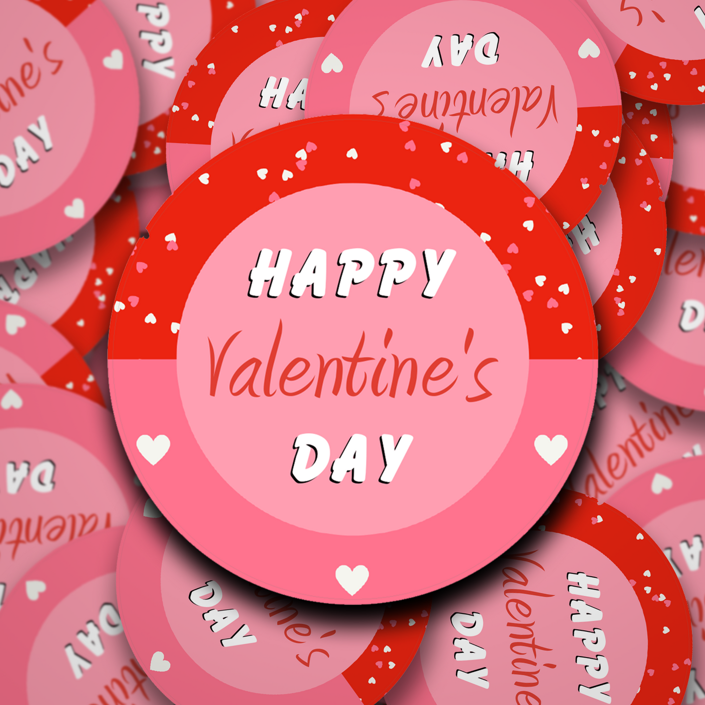 Happy Valentines Day stickers with a pink and red loveheart design