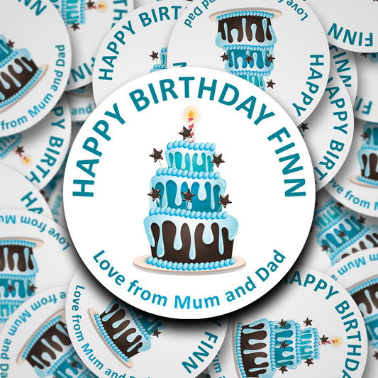 Blue birthday cake personalised birthday stickers, birthday party stickers