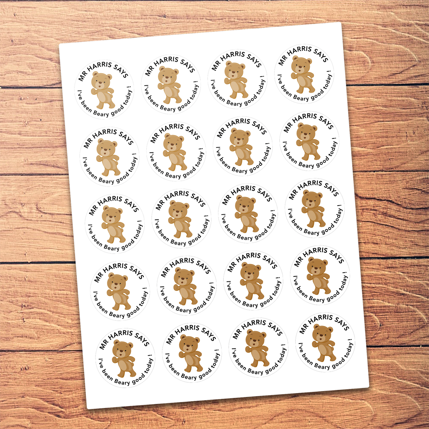 Beary good Personalised teacher stickers featuring a bear in the middle