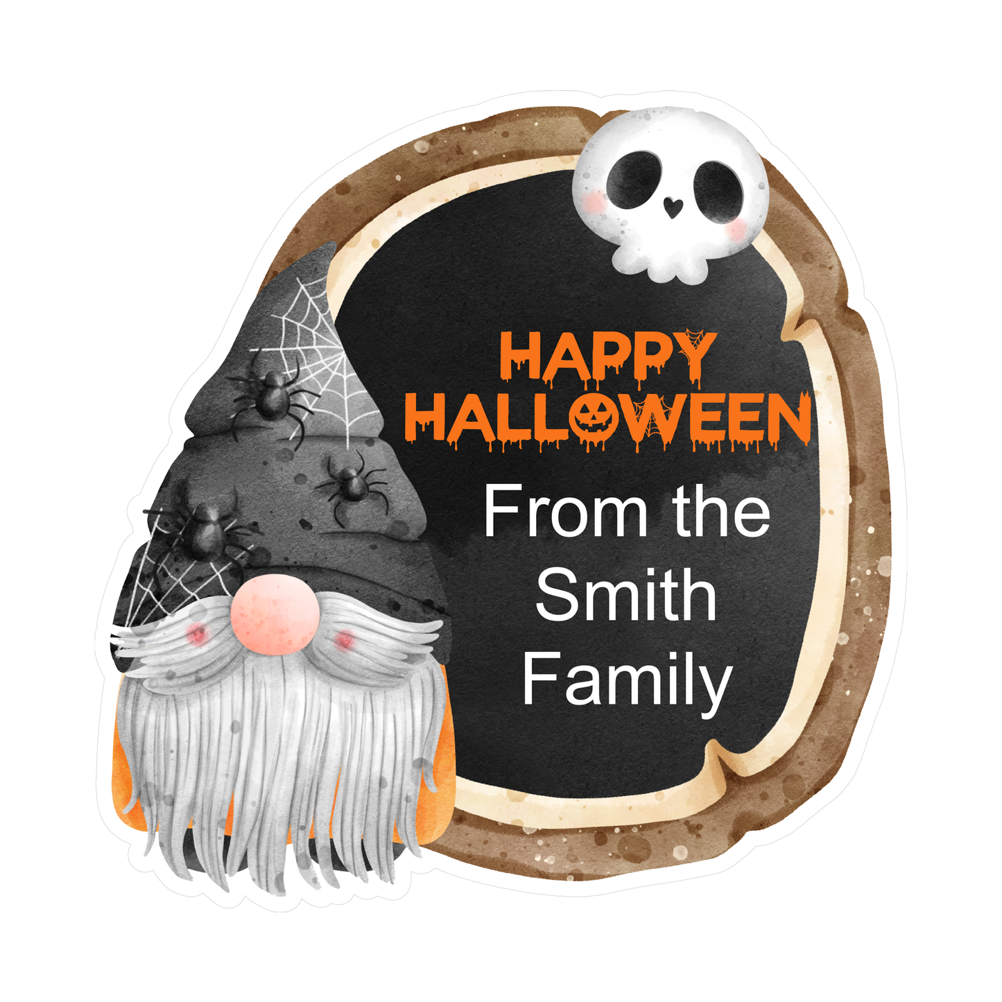 Halloween sign board stickers featuring a Halloween gnome and skull with a space