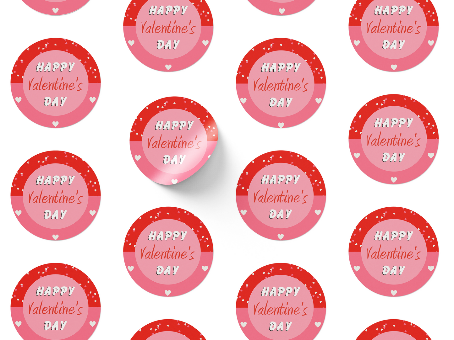 Happy Valentines Day stickers with a pink and red loveheart design