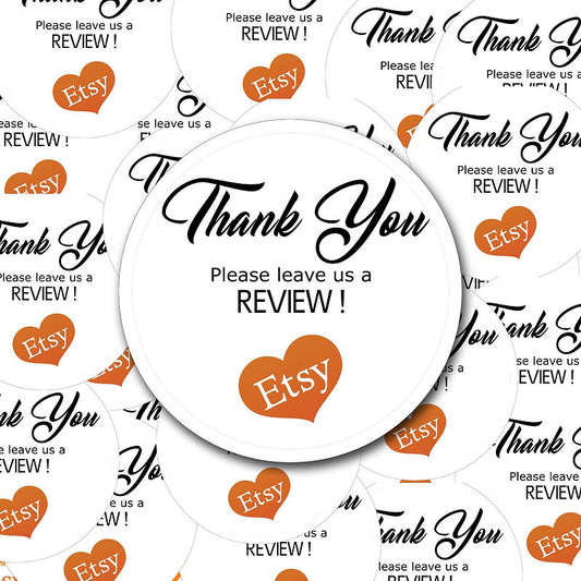 Etsy Love Heart thank you please leave us a review stickers. Etsy Review Sticker