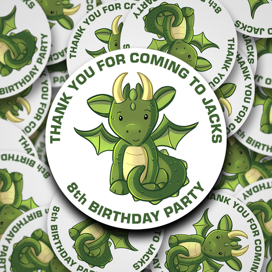 Green Dragon birthday party stickers | Birthday Party Bag Stickers