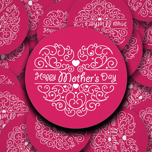 Pink Happy Mothers Day stickers with a heart in white made out of swirls | Mothers day stickers for gifts, cards, letters, products.