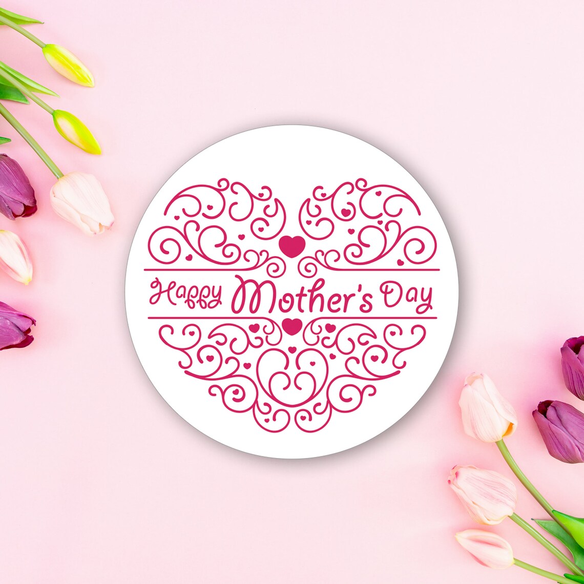 Pink swirls Happy Mothers Day on white background sticker