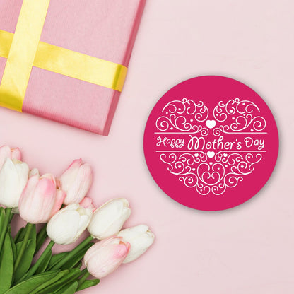 Pink Happy Mothers Day stickers with a heart in white made out of swirls | Mothers day stickers for gifts, cards, letters, products.
