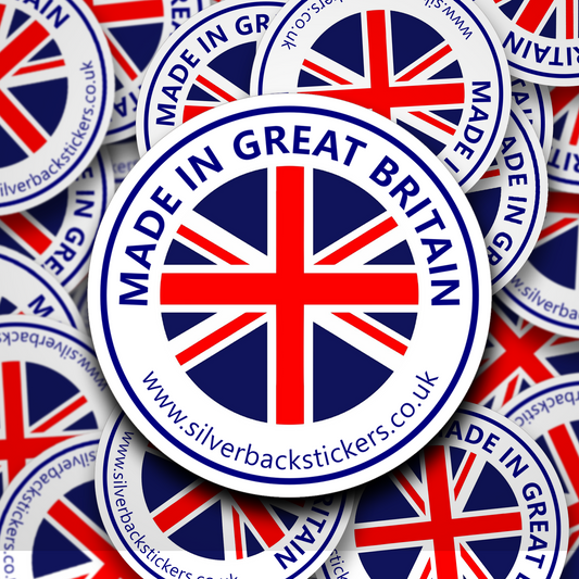 Fully custom Made in stickers featuring the Union Jack design.