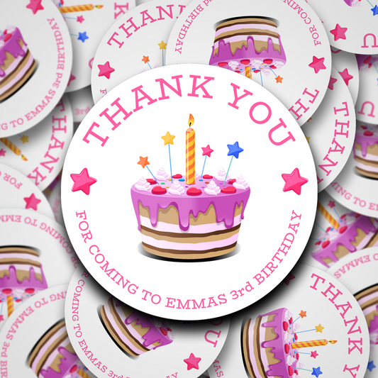 Pink cake personalised birthday stickers | Pink cake party bag stickers