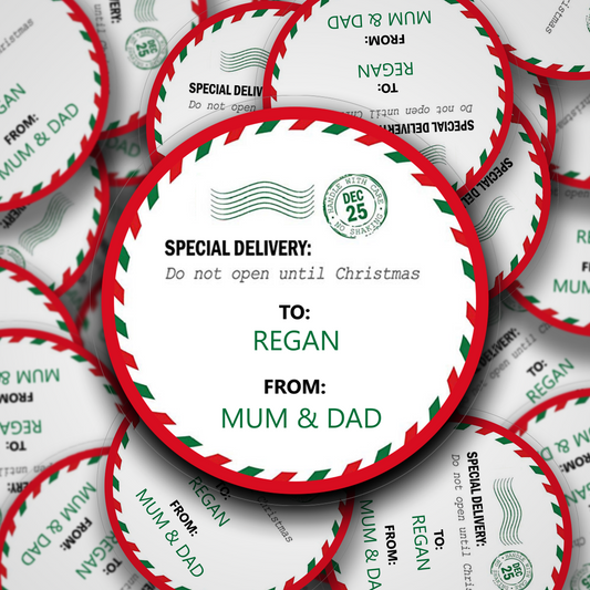Green text special delivery do not open until christmas personalised stickers