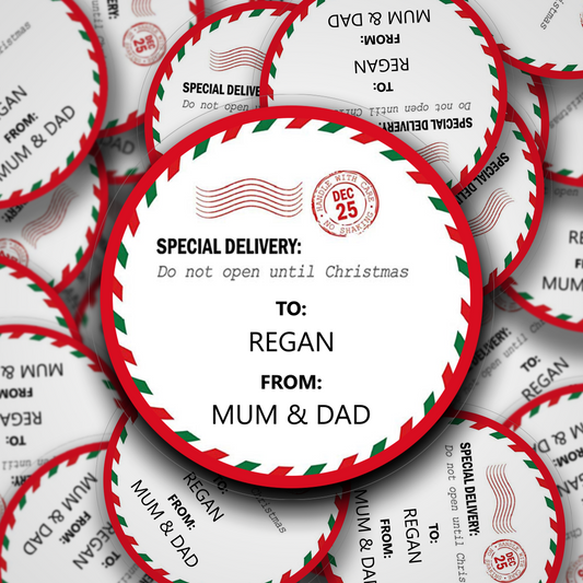Red text special delivery do not open until christmas personalised stickers