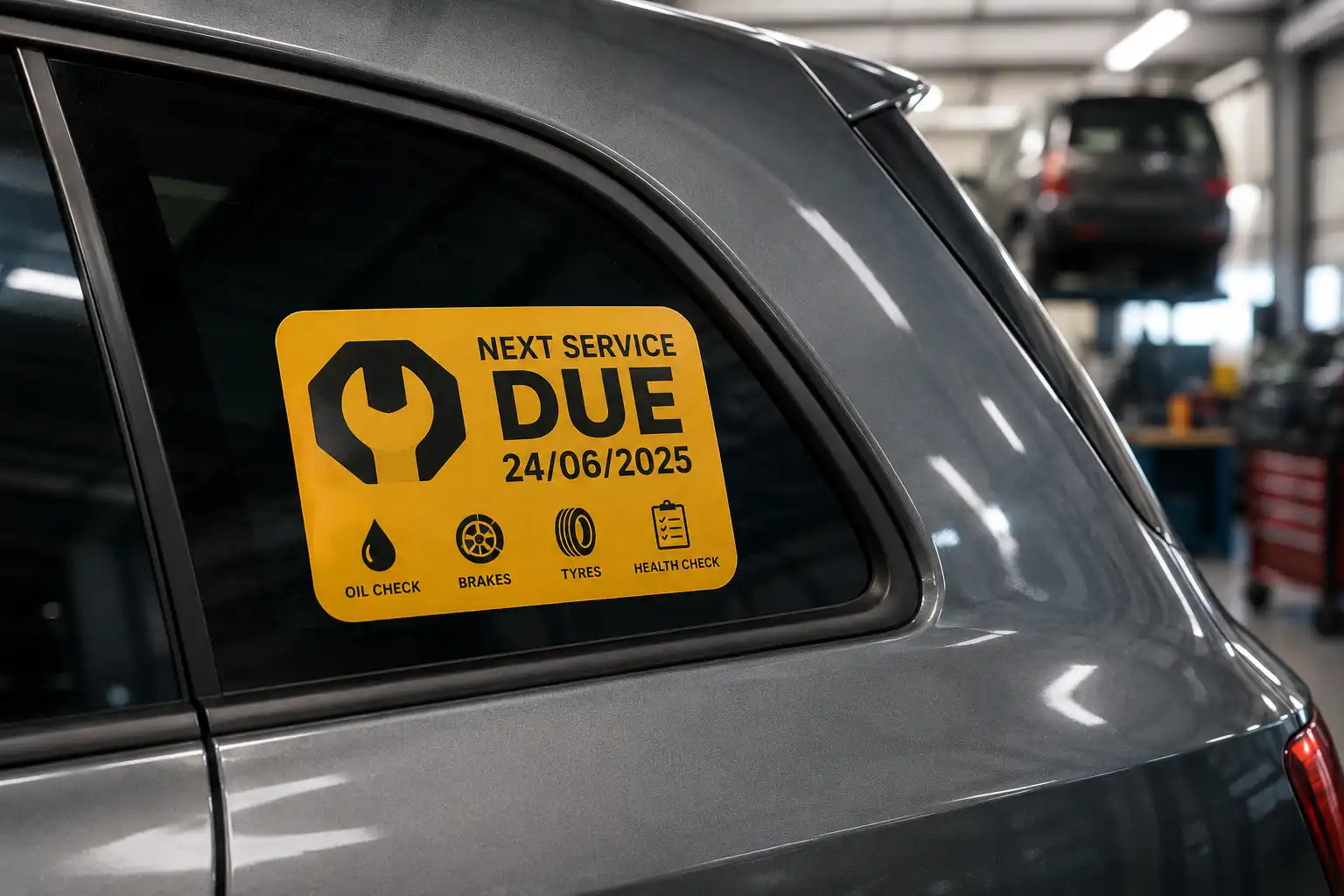 Next service due sticker on a car window