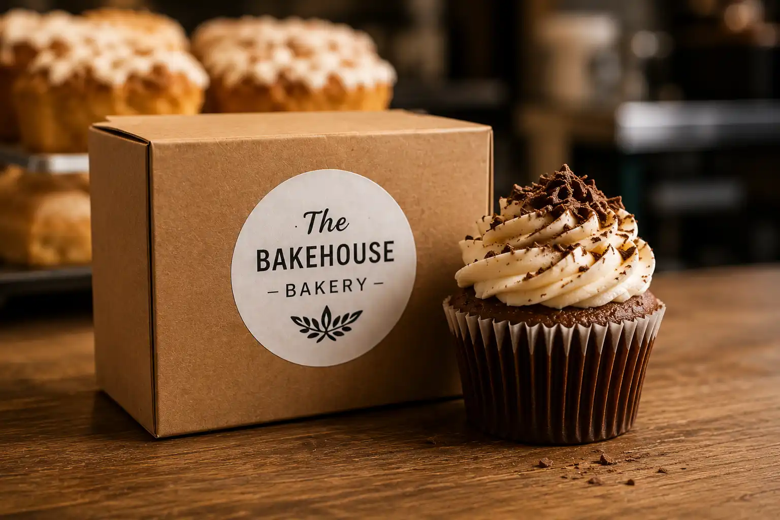 Cupcake in front of a box with a Bakehouse bakery sticker on the box