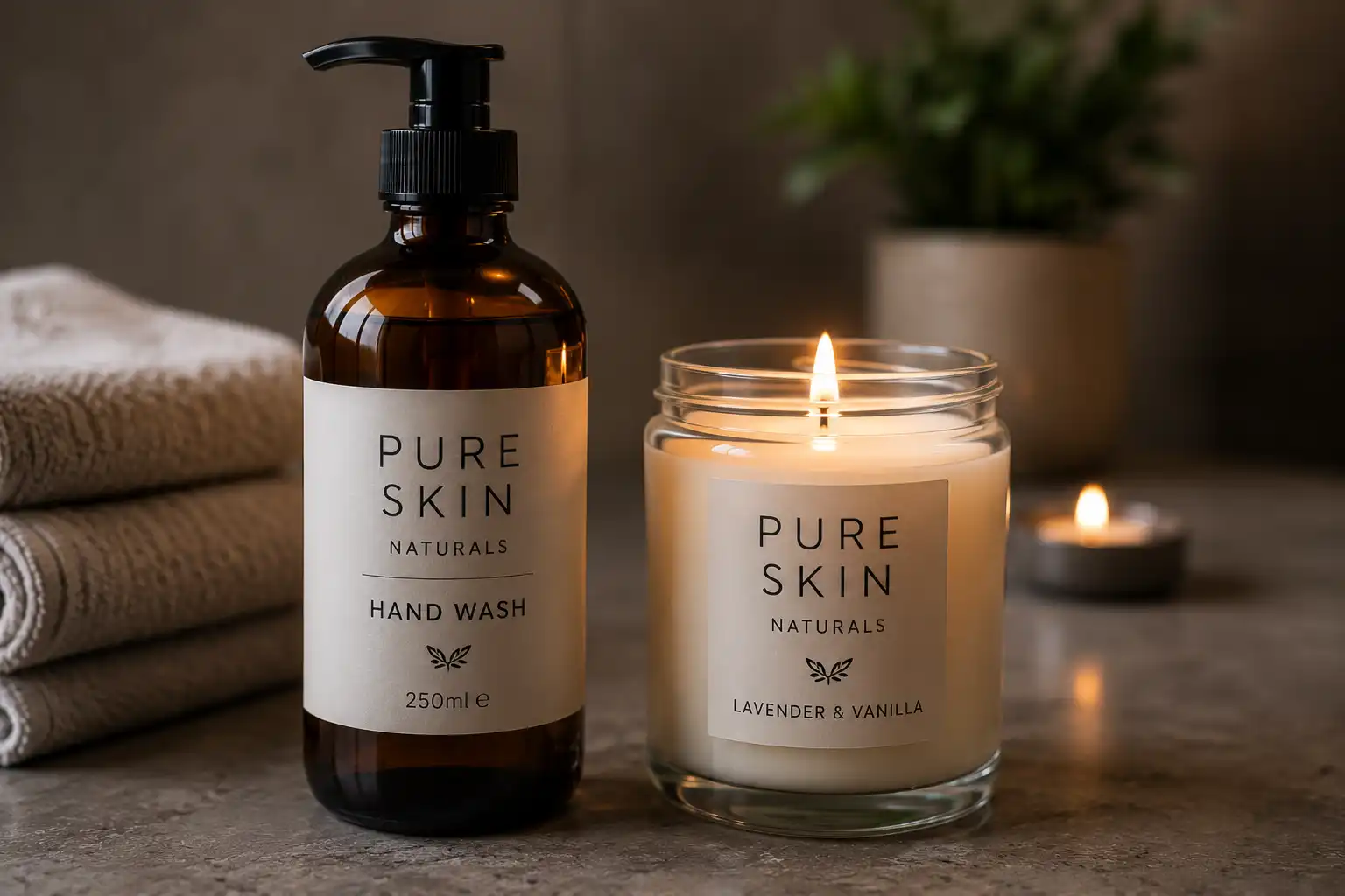 Pump action hand wash bottle and glass candle with labels attached