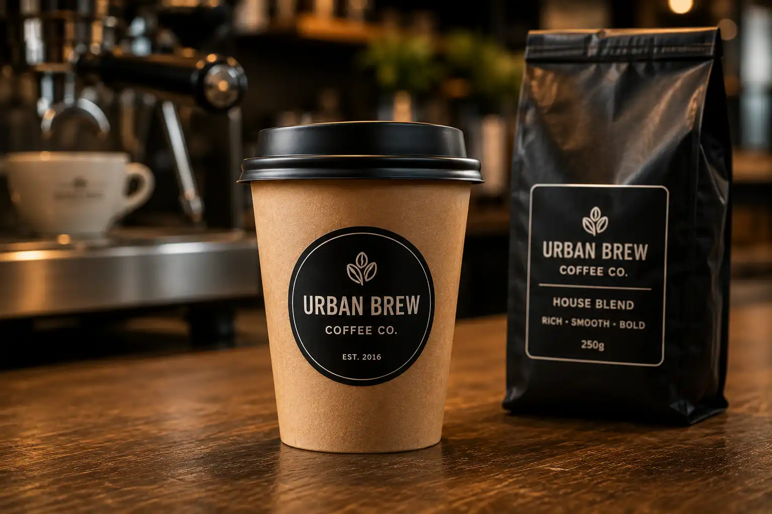Coffee cup and coffee bag with sticker on the cup and a label on the bag