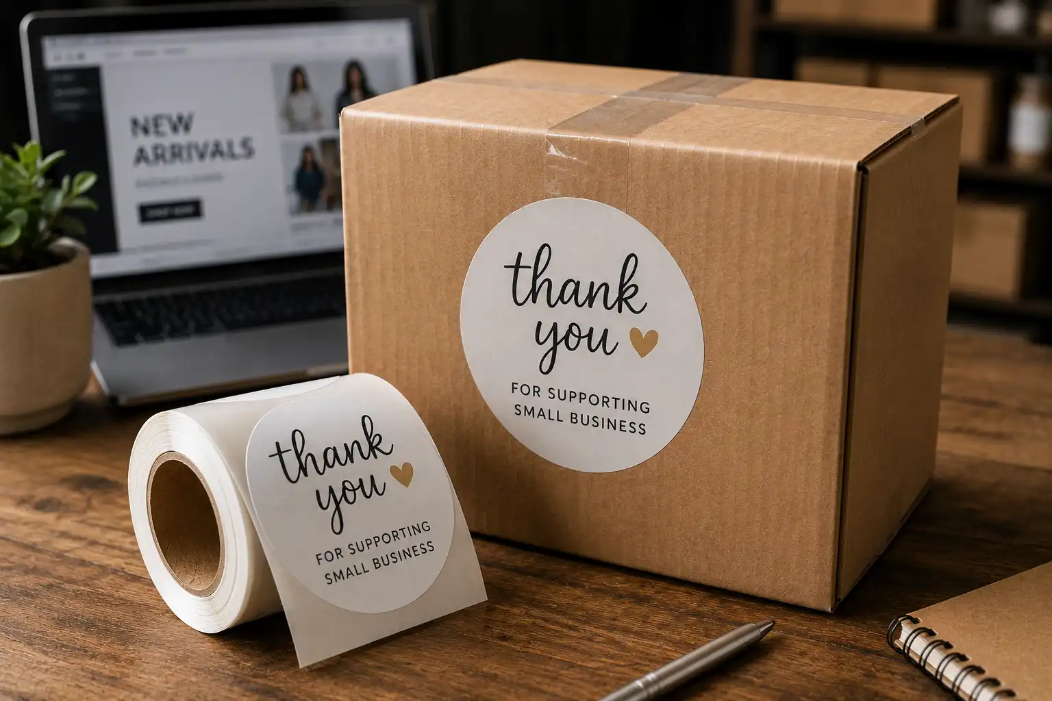 Packaging box on a desktop in front of a laptop with a thank you for supporting our small business sticker