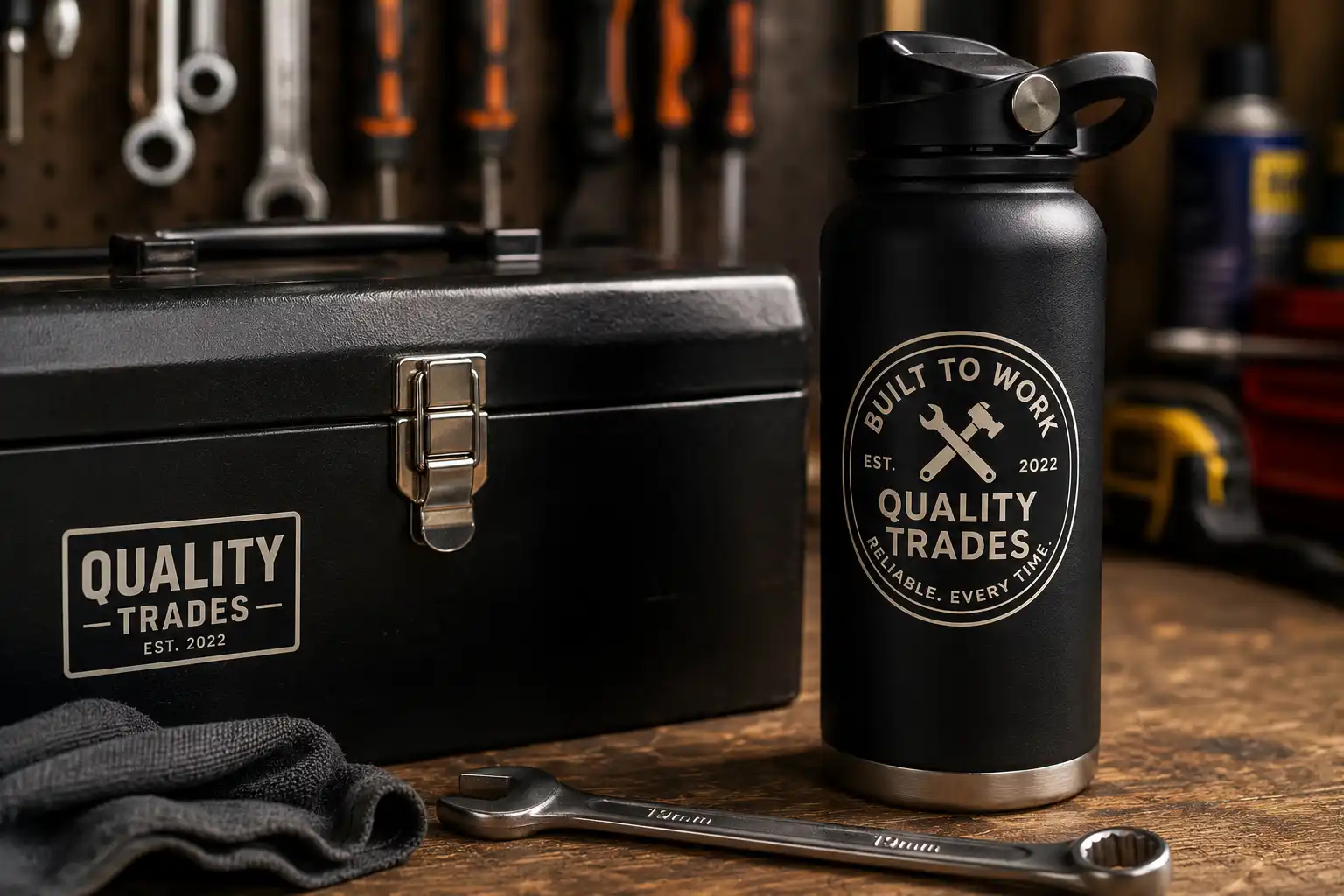 Water Bottle and toolbox with stickers attached